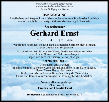 Traueranzeige von Gerhard Ernst von Südthüringer Presse