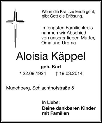 Traueranzeige von Aloisia Käppel von Frankenpost