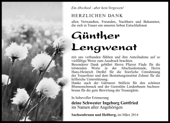 Traueranzeige von Günther Lengwenat von Südthüringer Presse
