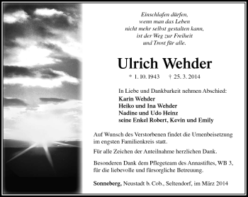 Traueranzeige von Ulrich Wehder von Südthüringer Presse