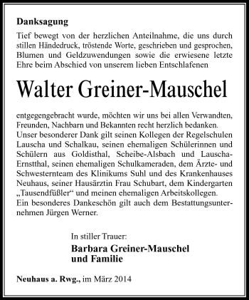 Traueranzeige von Walter Greiner-mauschel von Südthüringer Presse
