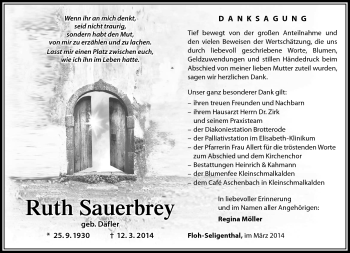 Traueranzeige von Ruth Sauerbrey von Südthüringer Presse