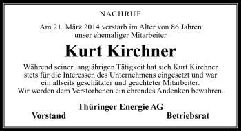 Traueranzeige von Kurt Kirchner von Südthüringer Presse