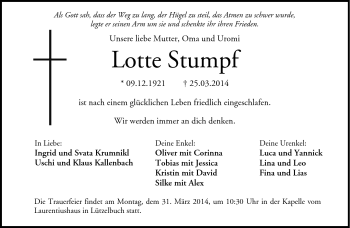 Traueranzeige von Lotte Stumpf von Neue Presse Coburg