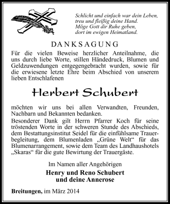 Traueranzeige von Herbert Schubert von Südthüringer Presse