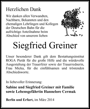 Traueranzeige von Siegfried Greiner von Südthüringer Presse