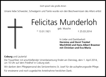 Traueranzeige von Felicitas Munderloh von Neue Presse Coburg