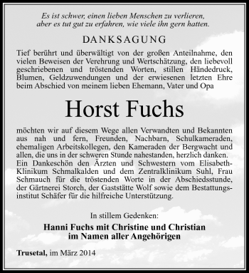 Traueranzeige von Horst Fuchs von Südthüringer Presse