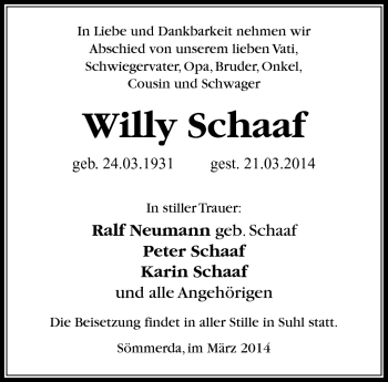 Traueranzeige von Willy Schaaf von Südthüringer Presse
