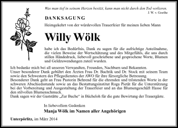 Traueranzeige von Willy Wölk von Südthüringer Presse