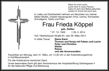 Traueranzeige von Frieda Köppel von Frankenpost