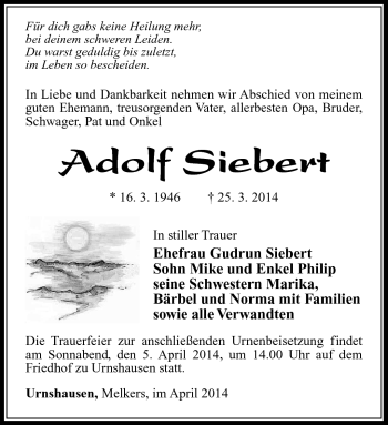 Traueranzeige von Adolf Siebert von Südthüringer Presse