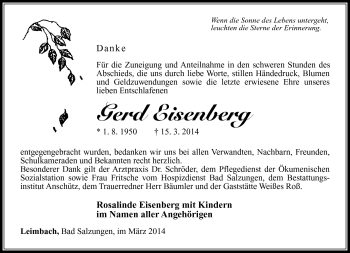 Traueranzeige von Gerd Eisenberg von Südthüringer Presse