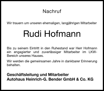 Traueranzeige von Rudi Hofmann von Neue Presse Coburg