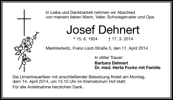Traueranzeige von Josef Dehnert von Frankenpost
