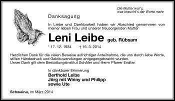 Traueranzeige von Leni Leibe von Südthüringer Presse