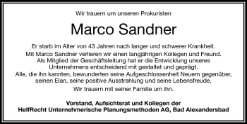Traueranzeige von Marco Sandner von Frankenpost