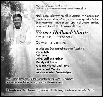 Traueranzeige von Werner Holland-Moritz von Südthüringer Presse