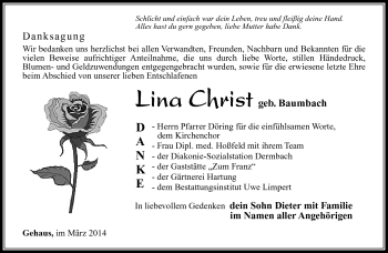 Traueranzeige von Lina Christ von Südthüringer Presse