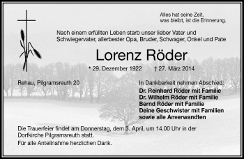 Traueranzeige von Lorenz Röder von Frankenpost
