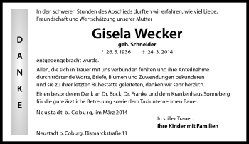 Traueranzeige von Gisela Wecker von Neue Presse Coburg