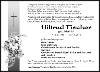 Traueranzeige von Hiltrud Fischer von Südthüringer Presse
