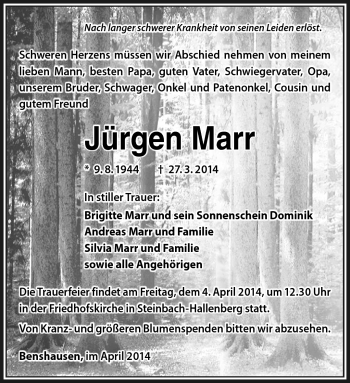 Traueranzeige von Jürgen Marr von Südthüringer Presse