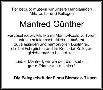 Traueranzeige von Manfred Günther von Frankenpost