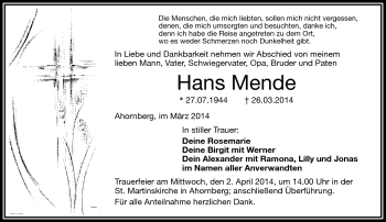 Traueranzeige von Hans Mende von Frankenpost