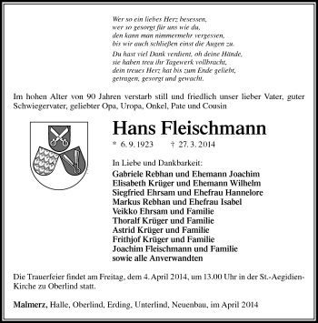 Traueranzeige von Hans Fleischmann von Südthüringer Presse