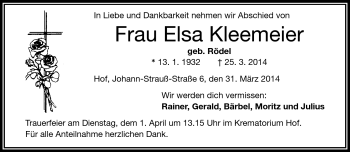 Traueranzeige von Elsa Kleemeier von Frankenpost