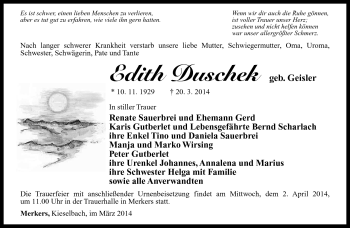 Traueranzeige von Edith Duschek von Südthüringer Presse