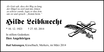 Traueranzeige von Hilde Leibknecht von Südthüringer Presse