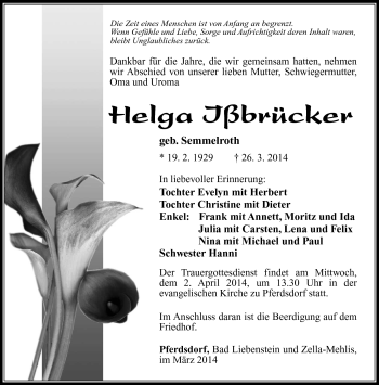Traueranzeige von Helga Ißbrücker von Südthüringer Presse