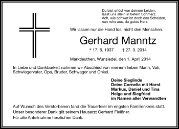 Traueranzeige von Gerhard Manntz von Frankenpost