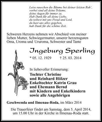 Traueranzeige von Ingeburg Sperling von Südthüringer Presse