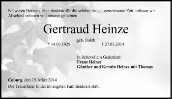 Traueranzeige von Gertraud Heinze von Neue Presse Coburg