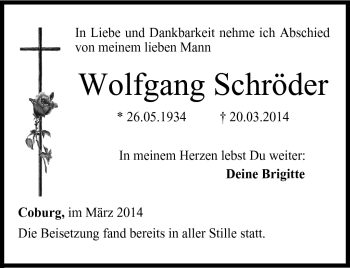 Traueranzeige von Wolfgang Schröder von Neue Presse Coburg