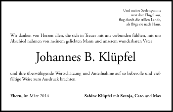 Traueranzeige von Johannes B. Klüpfel von Neue Presse Coburg