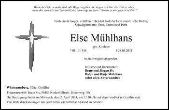 Traueranzeige von Else Mühlhans von Neue Presse Coburg