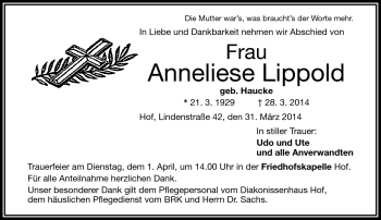Traueranzeige von Anneliese Lippold von Frankenpost