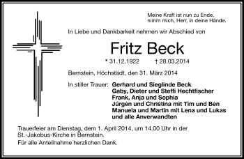 Traueranzeige von Fritz Beck von Frankenpost