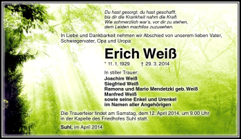 Traueranzeige von Erich Weiß von Südthüringer Presse