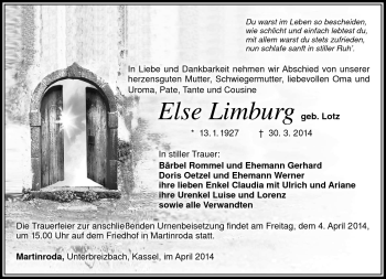 Traueranzeige von Else Limburg von Südthüringer Presse