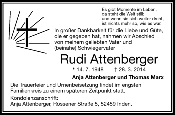 Traueranzeige von Rudi Attenberger von Frankenpost