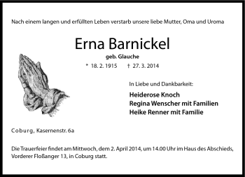 Traueranzeige von Erna Barnickel von Neue Presse Coburg