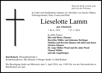 Traueranzeige von Lieselotte Lamm von Neue Presse Coburg