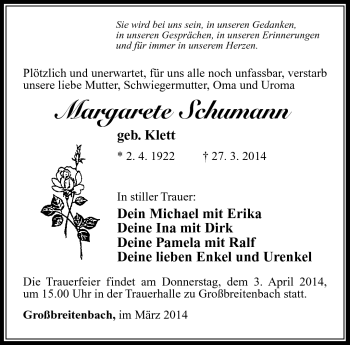 Traueranzeige von Margerete Schumann von Südthüringer Presse