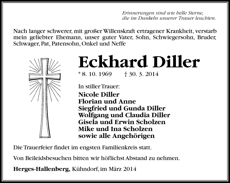  Traueranzeige für Eckhard Diller vom 01.04.2014 aus Südthüringer Presse