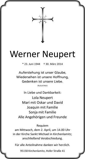 Traueranzeige von Werner Neupert von Frankenpost